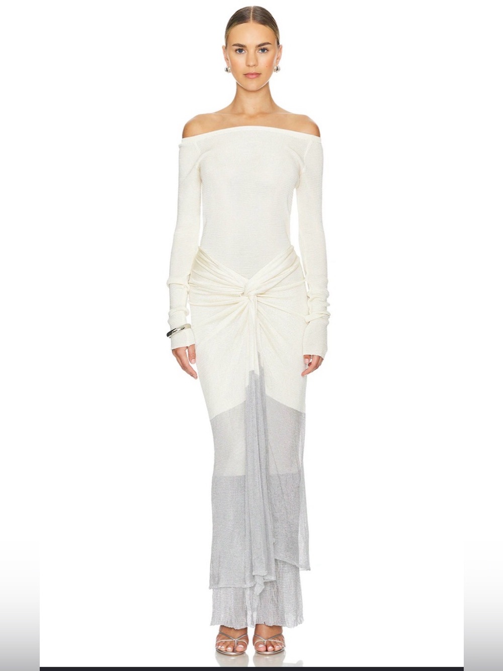 REVOLVE Off-Shoulder Ivory and Light Gray Knot Maxi Dress